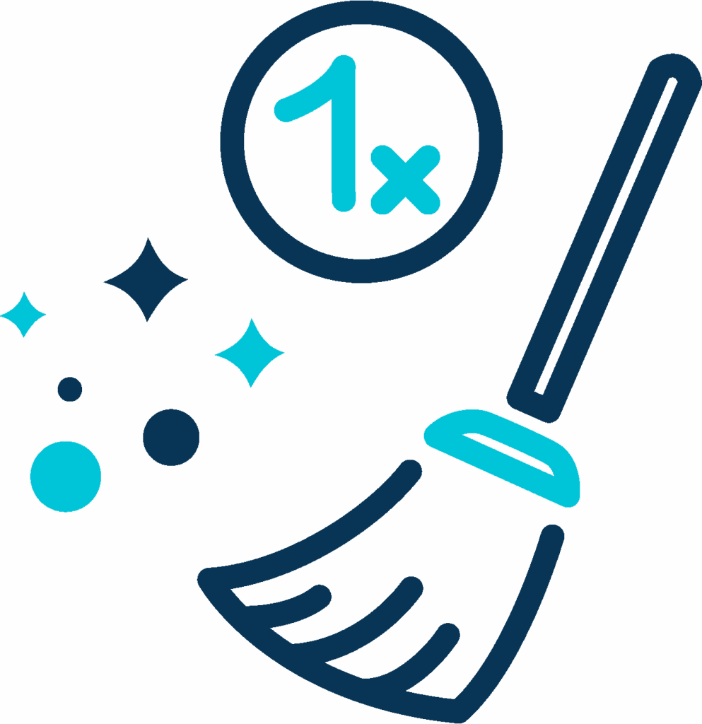 Dark blue and light blue icon of a broom surrounded by sparkles and bubbles