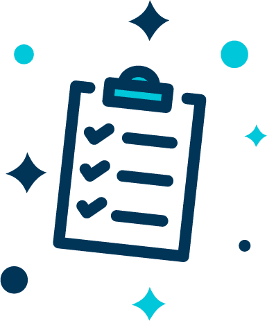Dark blue and light blue icon of checklist on a clipboard surrounded by sparkles and bubbles