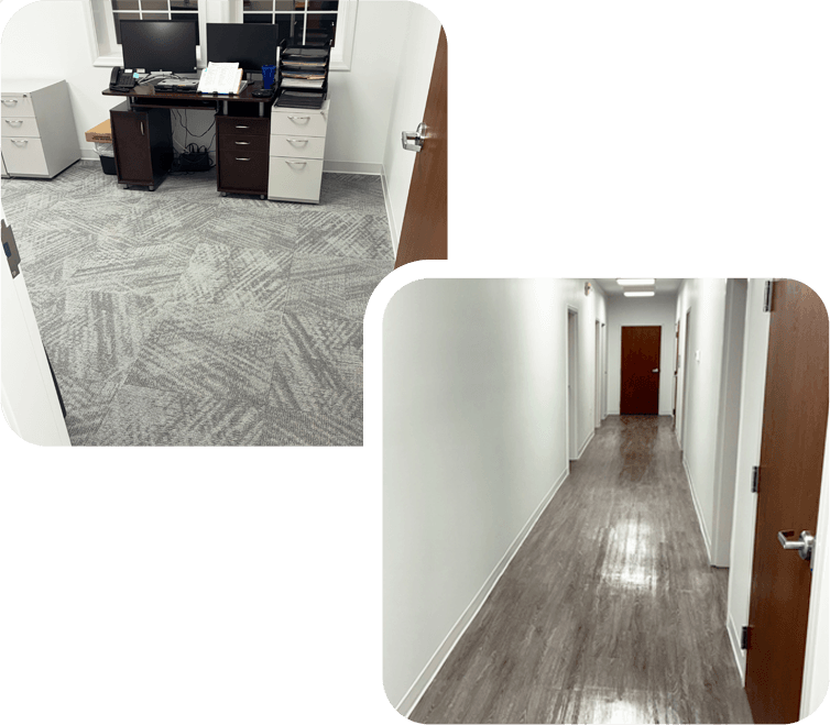 Two professionally cleaned rooms in a commercial building, including an office with steam cleaned carpet and a hallway with shiny hardwood floors