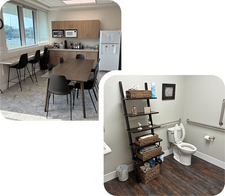 Two professionally cleaned office rooms, including a modern kitchen/breakroom for employees and a bathroom.