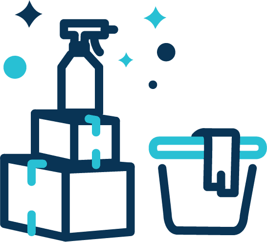 Dark blue and light blue icon of a cleaning spray bottle on top of moving boxes beside a bucket with a cleaning rag surrounded by sparkles and bubbles