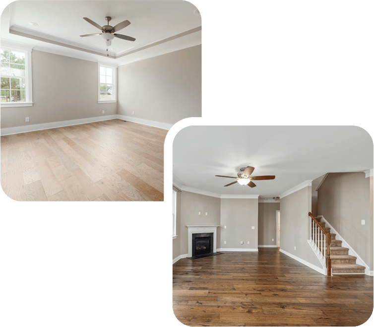 Two professionally cleaned residential rooms, including a brightly lit bedroom with light hardwood floors and a living room with dark hardwood floors