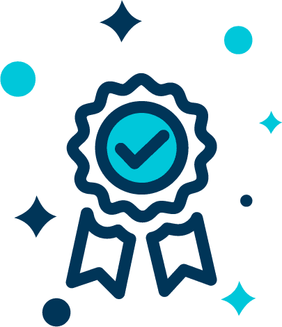 Dark blue and light blue icon of an award badge surrounded by sparkles and bubbles