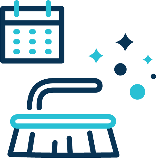 Dark blue and light blue icon of a brush with a handle in front of a calendar surrounded by sparkles and bubbles