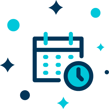 Dark blue and light blue icon of a calendar with a clock surrounded by sparkles and bubbles